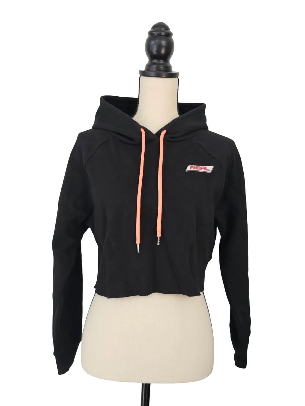 Forever 21 Black Cropped Hoodie with Coral Drawstrings